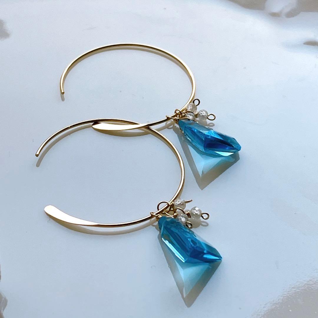 桃色の雲◆希少✧スイスブルートパーズ フープピアス✧トリリアントカット