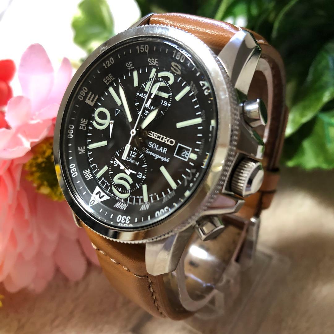SEIKO セイコー　ソーラー腕時計　クロノグラフ　レザーベルト　メンズ