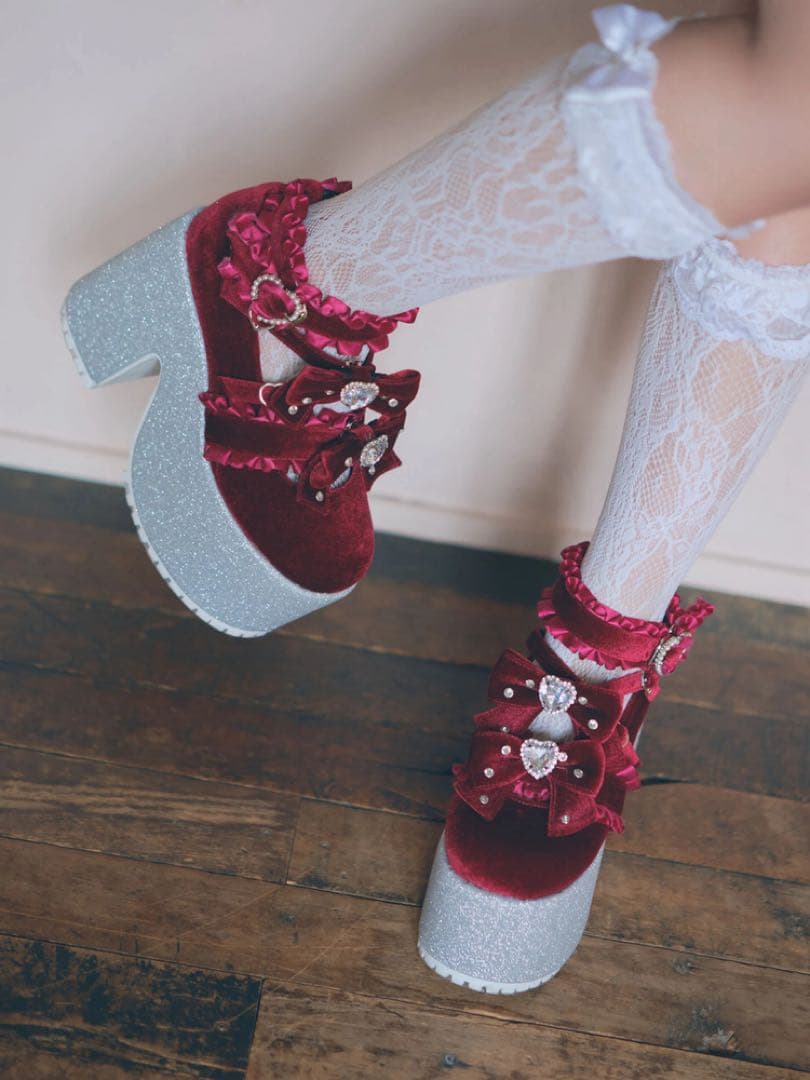 【Ank Rouge】キラキラビジューベロアリボン厚底シューズ レッド 赤 L