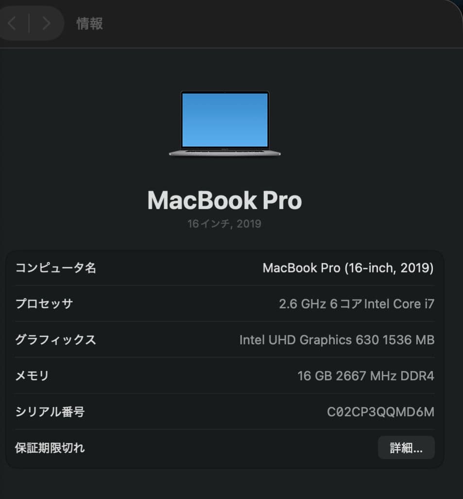 MacBook本体 MacBook Pro 2019 16\" i7 16GB 512GB 5300M