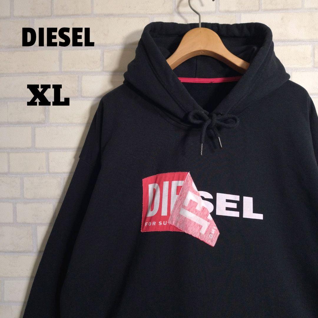 ディーゼル★DIESEL ビッグロゴ プルオーバー パーカー 黒 XL