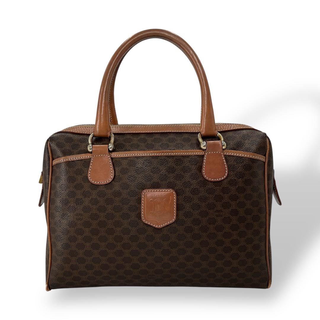 オールド　セリーヌ　ミニボストン　マカダム柄　トリオンフ　ハンドバッグ　ブラウン