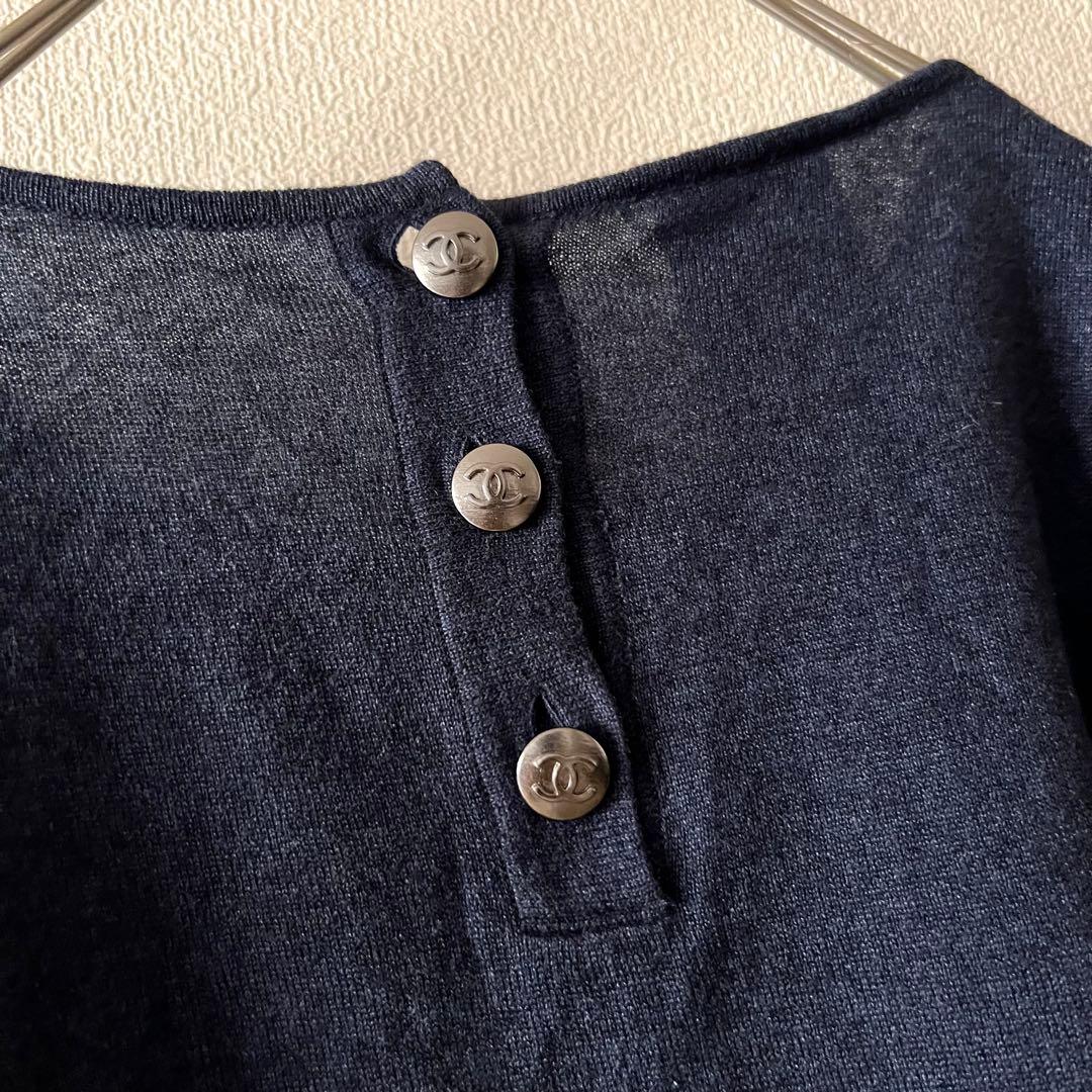 CHANEL カシミヤ シルク ココマークボタン 長袖ニット ネイビー 42XL