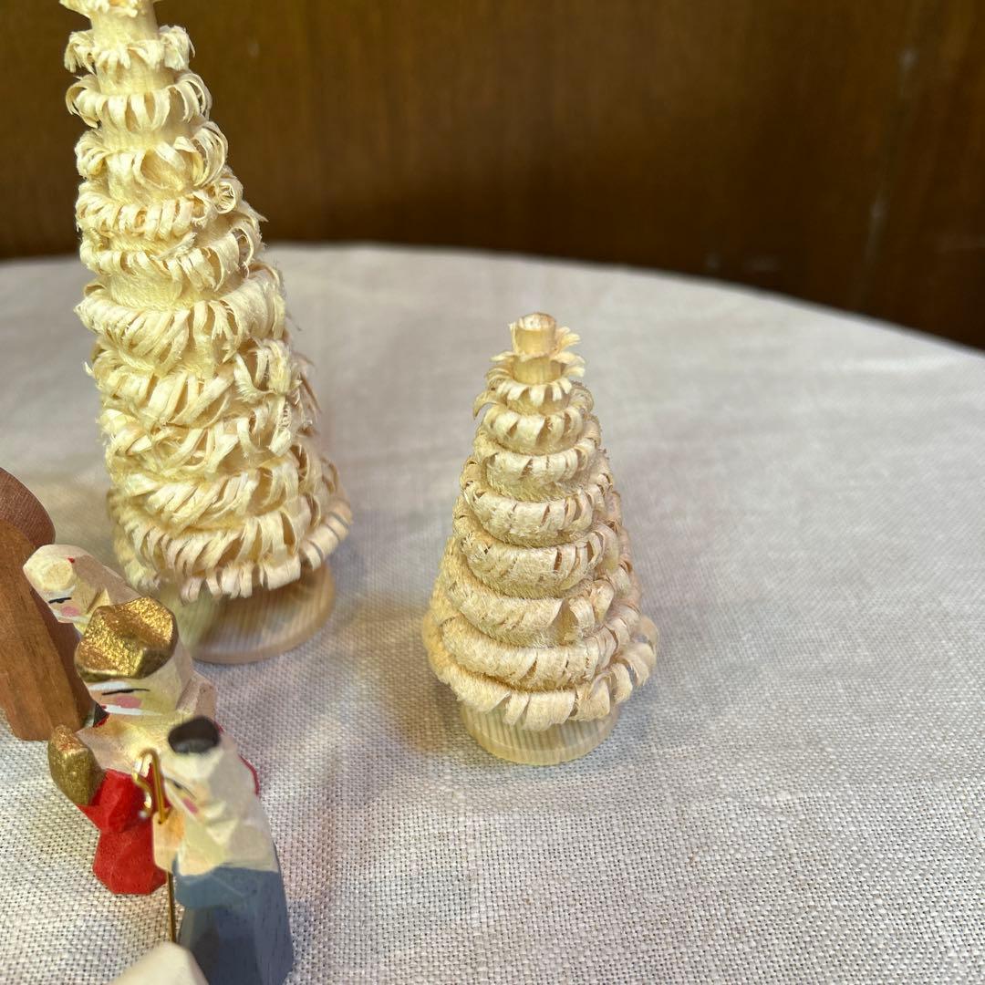 貴重ヴィンテージ未使用クリッペ木製ミニクリスマスキリスト降誕セット16個モミの木