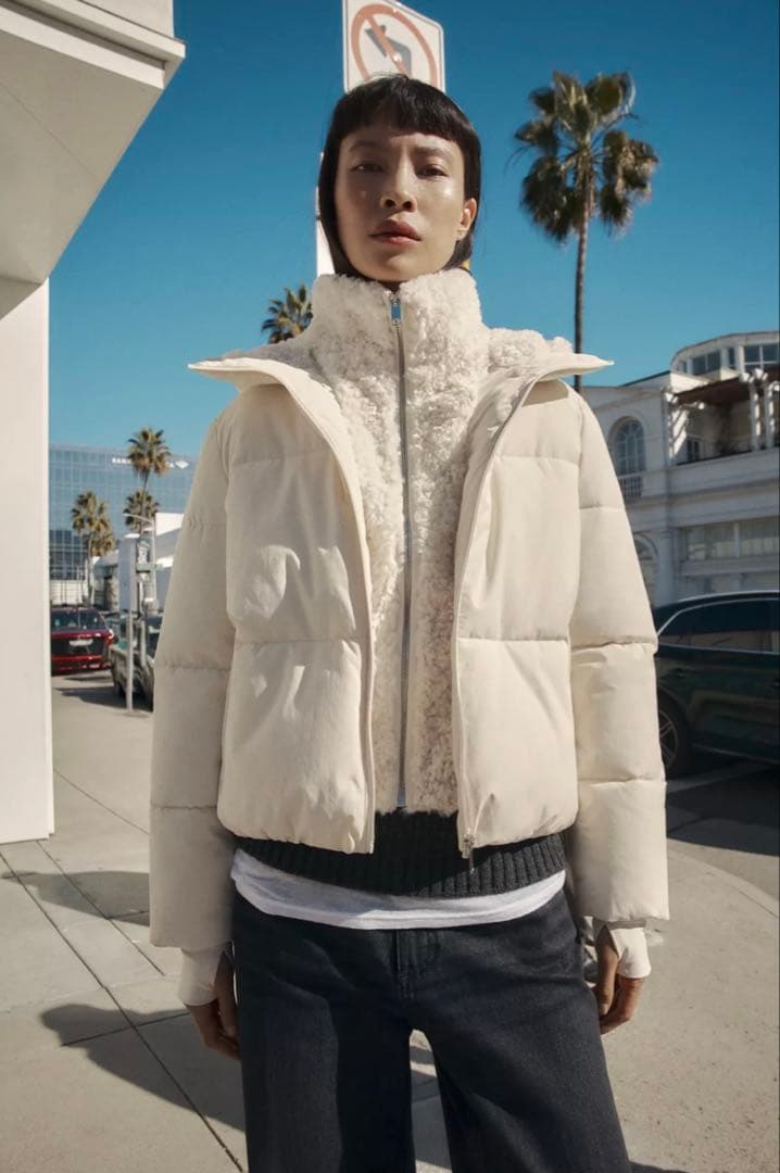 【ZARA】フェイクシープスキンフード付き撥水ウィンドブレーカー アノラック M