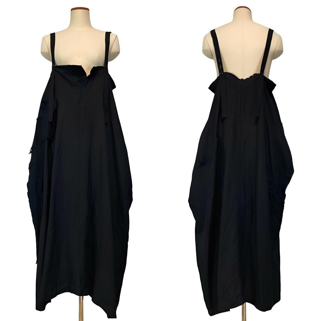 Y's ワイズ 21SS リネン レース ショルダードレス 黒1