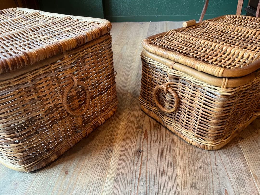 籐 ラタン かご バスケット 大小 セット 昭和レトロ 当時物 インテリア 収納
