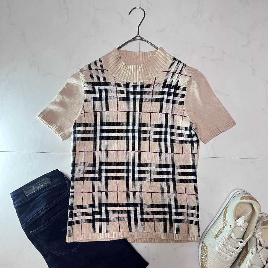大人可愛い バーバリーロンドン ノバチェック半袖ニット ベージュ サイズS-M