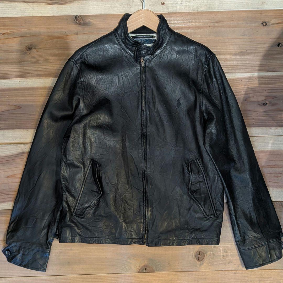 90年代希少　ラルフローレン　ブラックラムレザー　スタンドカラーレザージャケット