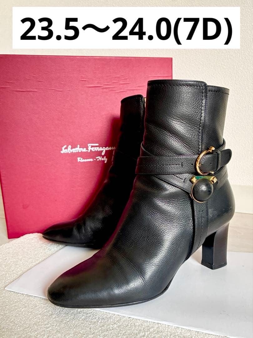 極美品 Ferragamo ブラックレザー　ミドルブーツ　箱付き　24cm