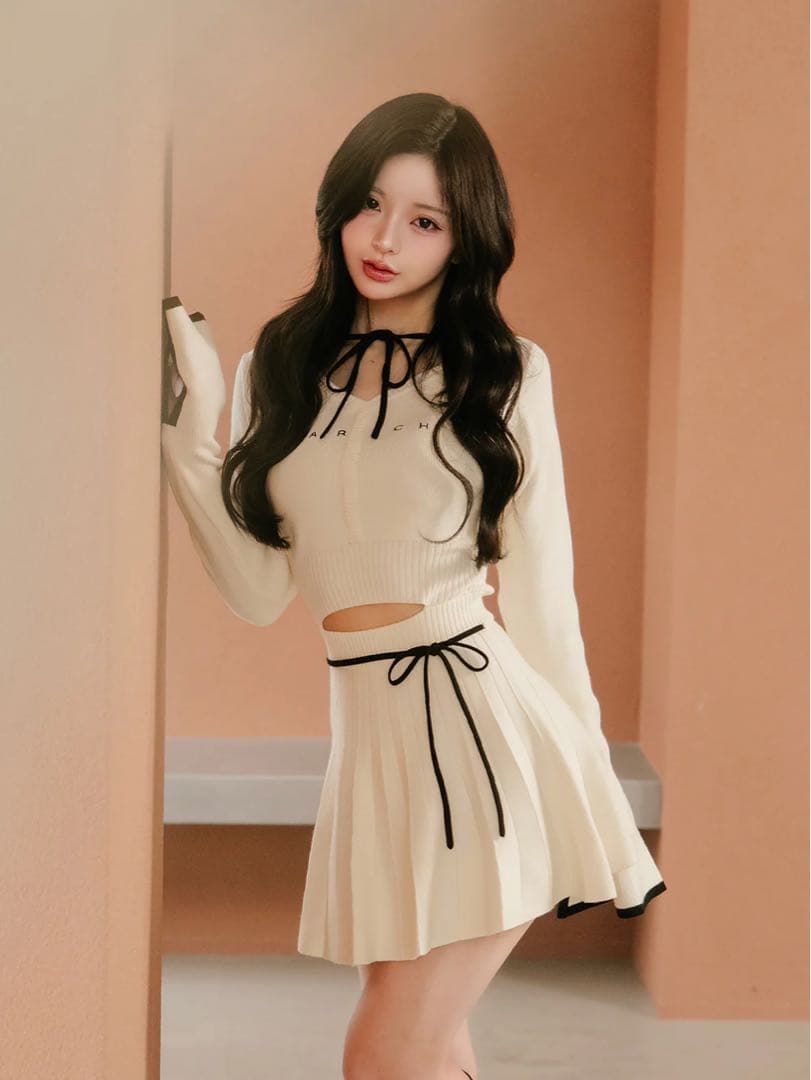 darich ウエストオープンリボンデザインニットミニワンピースFL