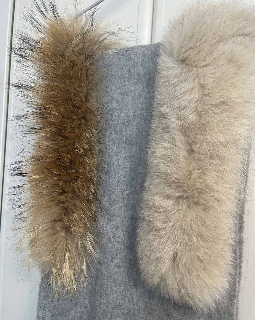 ランバンオンブルー フォックス＆タヌキファー×カシミヤ100%ビジュー付マフラー