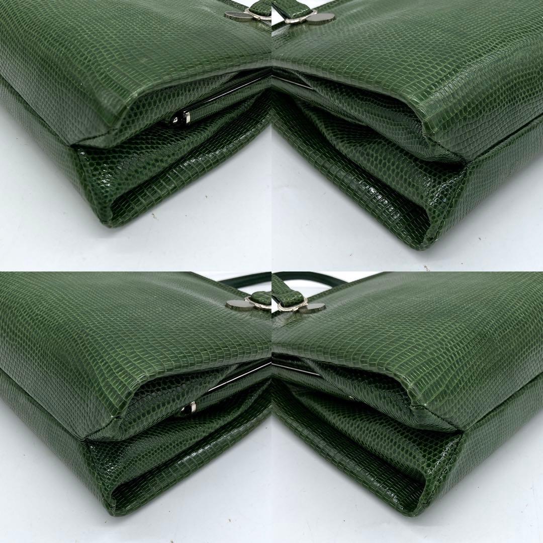 希少リザード本革【MARUU】ハンドバッグ　グリーン　フォーマルバッグ　ガマ口