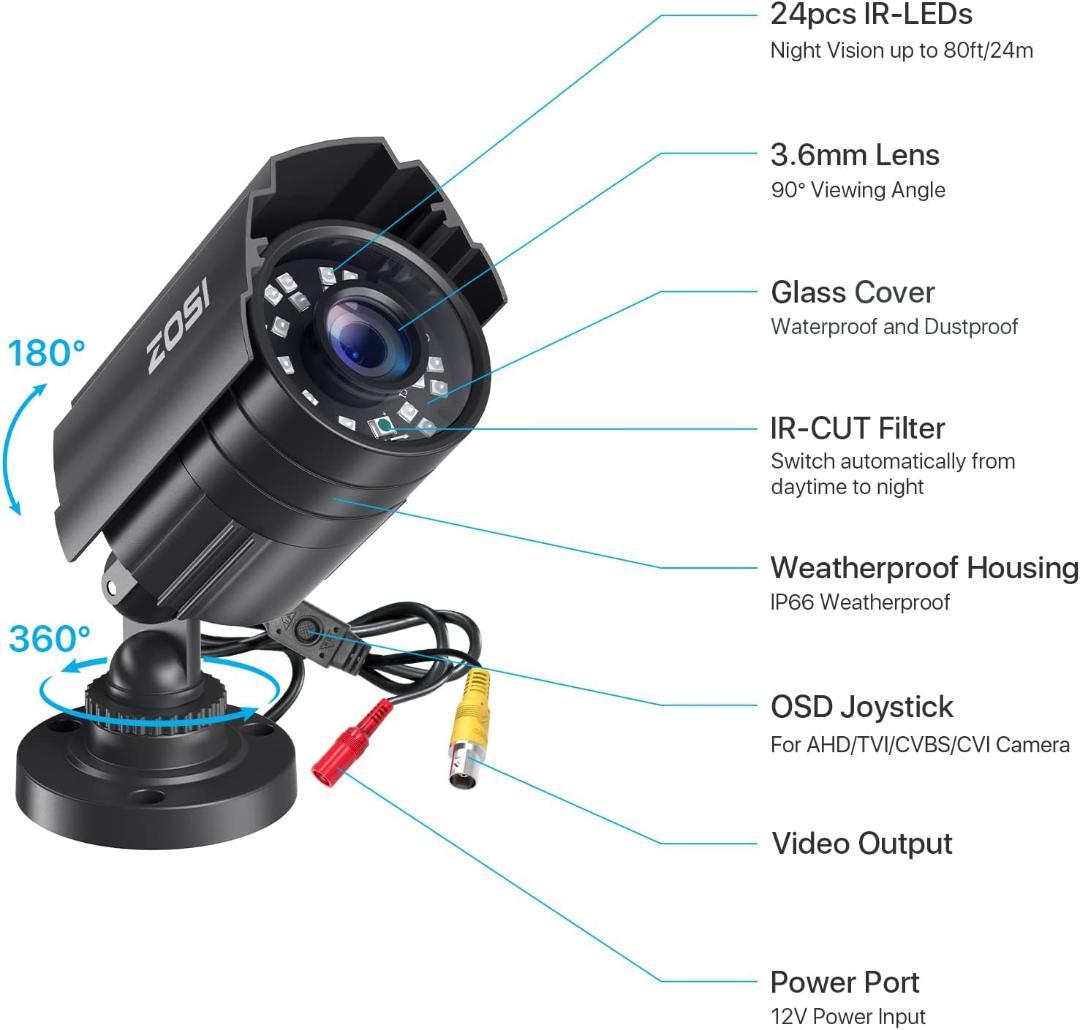 防犯カメラ 230万画素  24個赤外線 3.6MM広いレンズ IP67防水