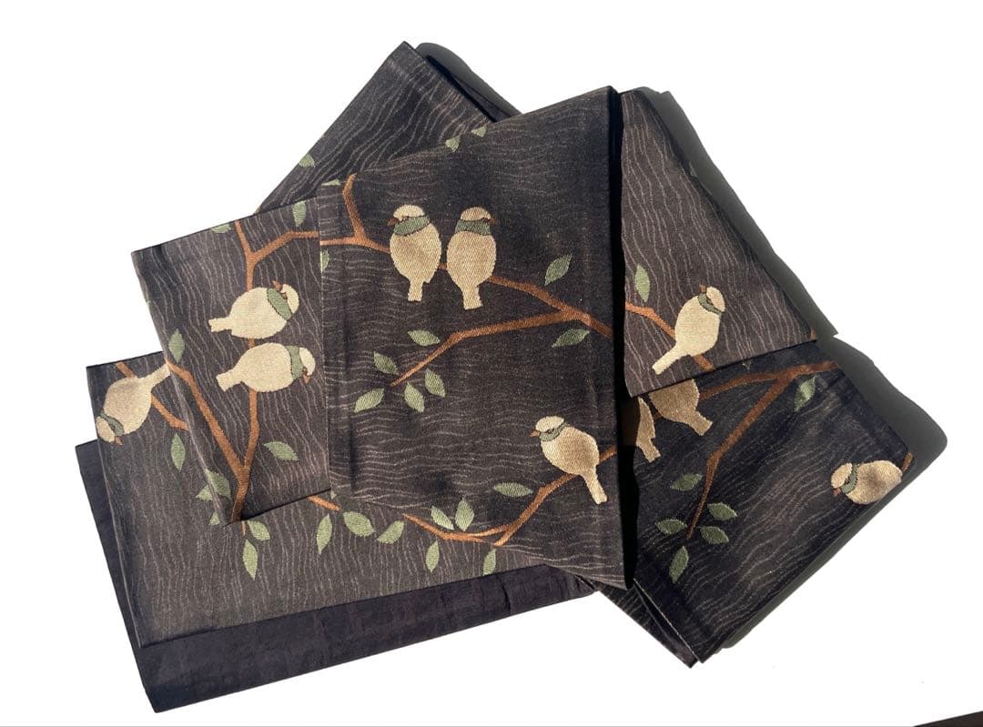 おりびと♦︎半幅帯♦︎桐生織♦︎焦茶色にゆらぎ地紋・小枝に鳥♦︎長尺