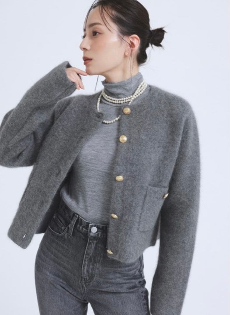 anuans ラクーンブレンドノーカラーニットジャケット　グレー/F