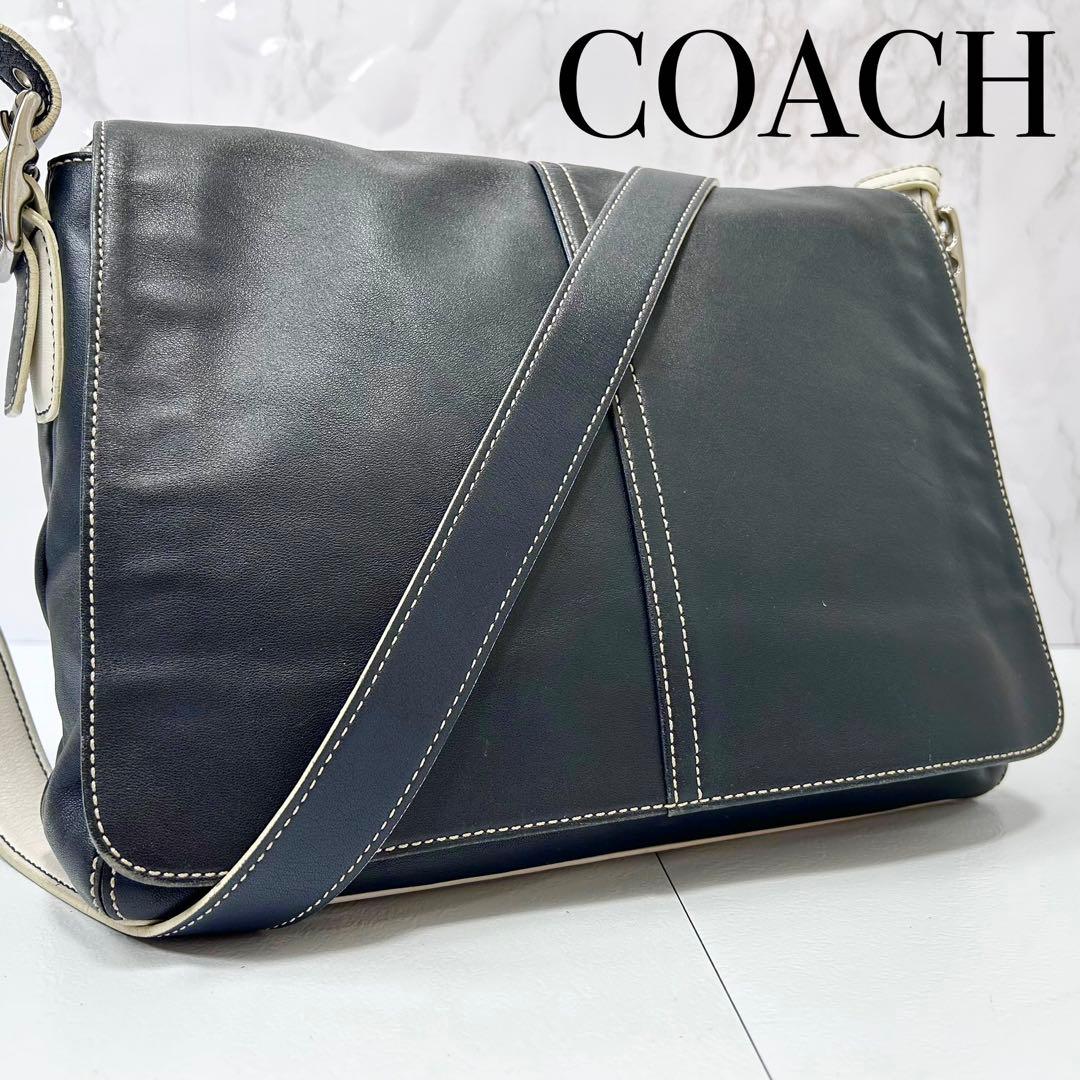 COACH メッセンジャーバッグ レザー 斜め掛け ネイビー ホワイト