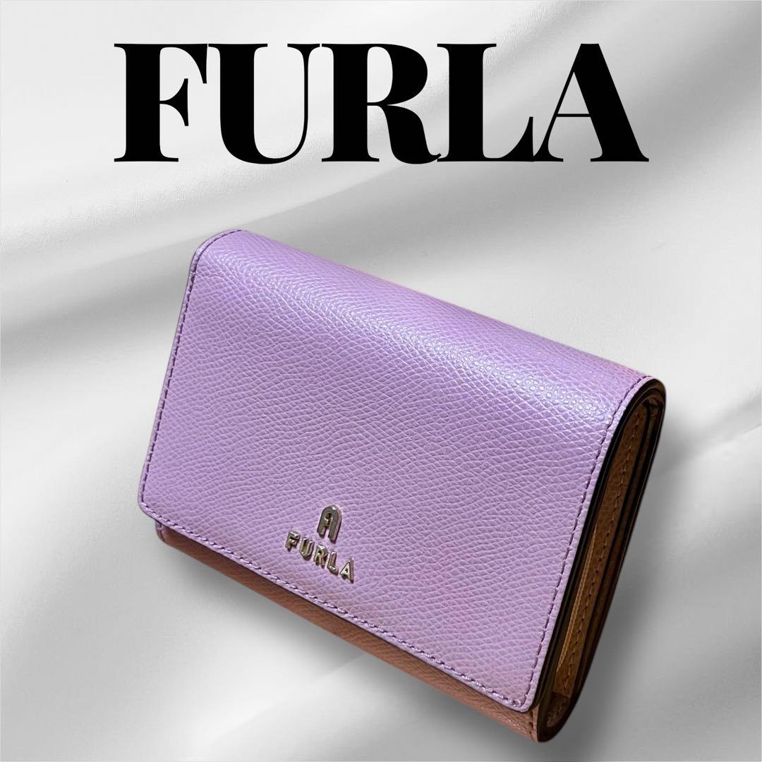美品 FURLA フルラ☆シボ革 カメリア ウォレット レザー ピンク箱保存袋付