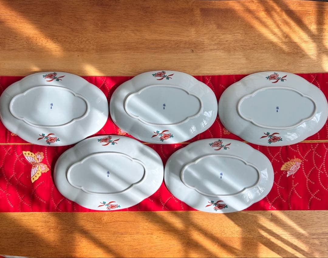 【未使用品】たち吉　橘吉　赤絵花鳥金彩丸紋　楕円皿5枚セット　希少　廃盤品