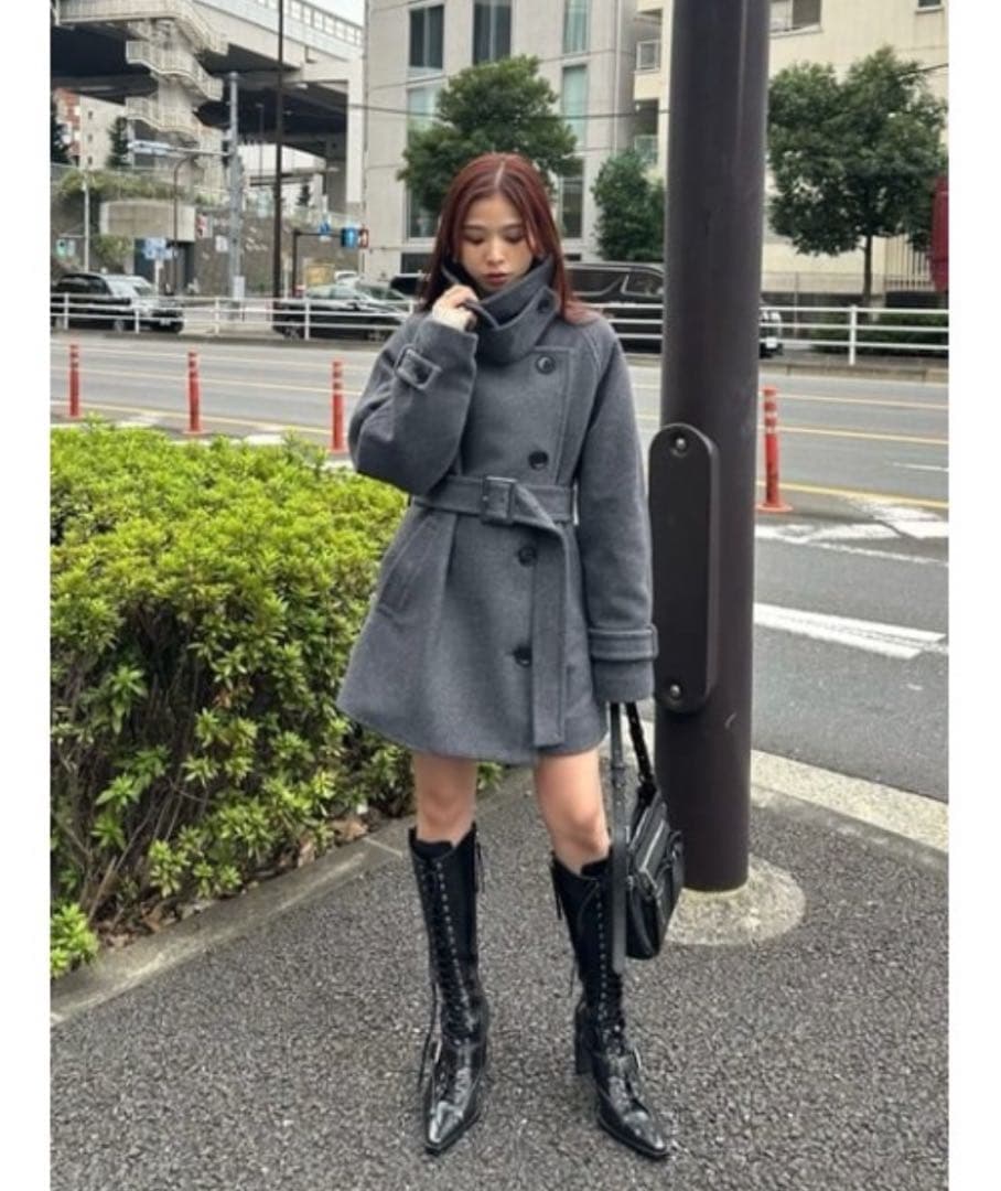 SLY STAND NECK BELTED S/COAT杢グレー