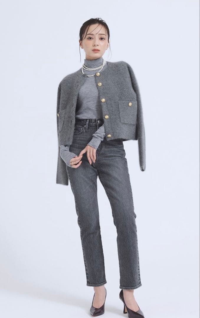 anuans ラクーンブレンドノーカラーニットジャケット