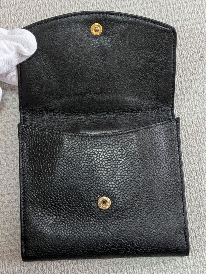 シャネル　デカココ　Wホック折り財布　キャビアスキン　黒　ミニチェーンウォレット