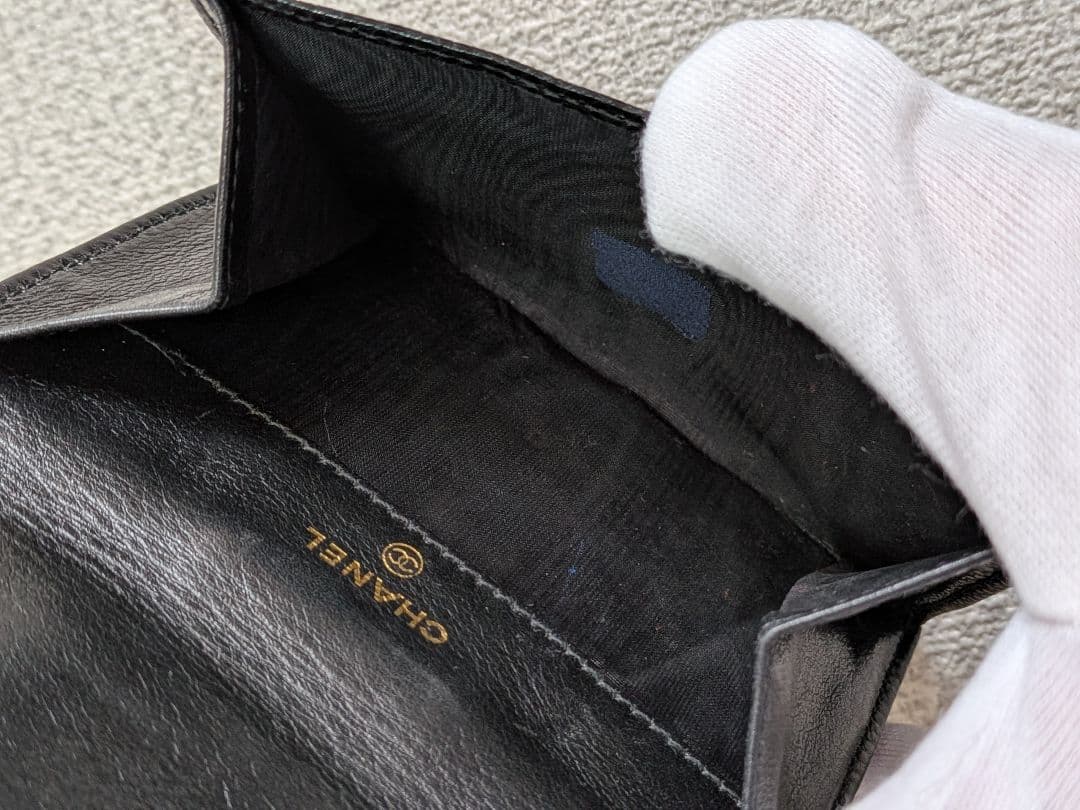 シャネル　デカココ　Wホック折り財布　キャビアスキン　黒　ミニチェーンウォレット