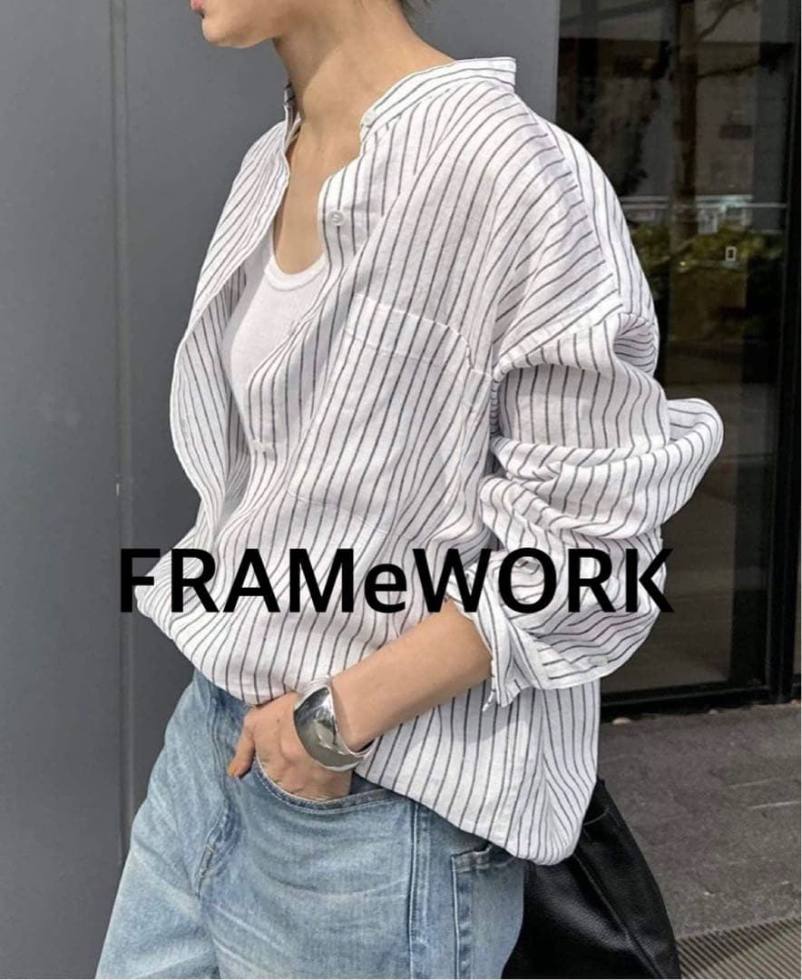 美品✨フレームワーク✨人気　フレンチリネンドロストシャツ　バンドカラー　羽織り