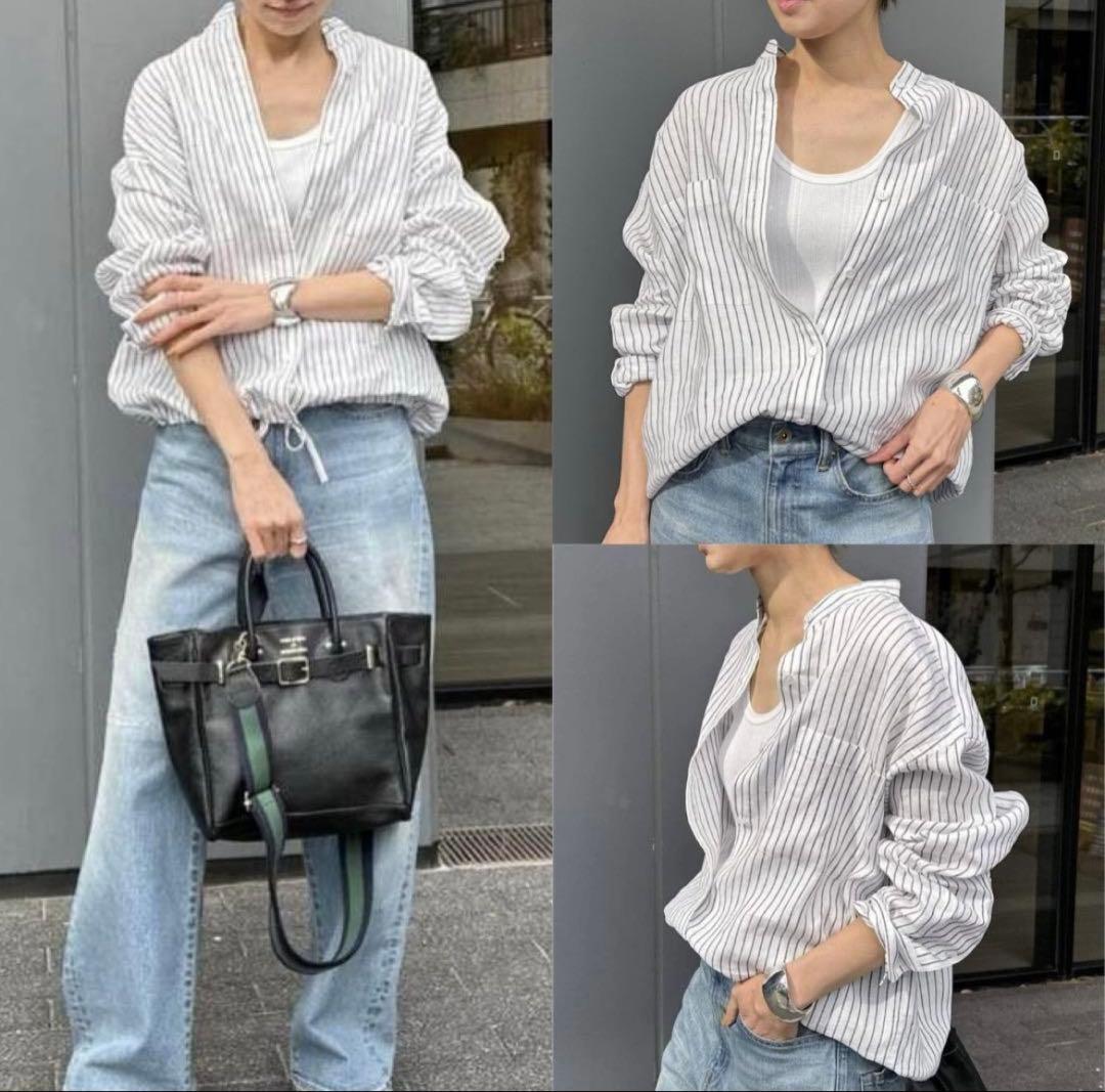 美品✨フレームワーク✨人気　フレンチリネンドロストシャツ　バンドカラー　羽織り