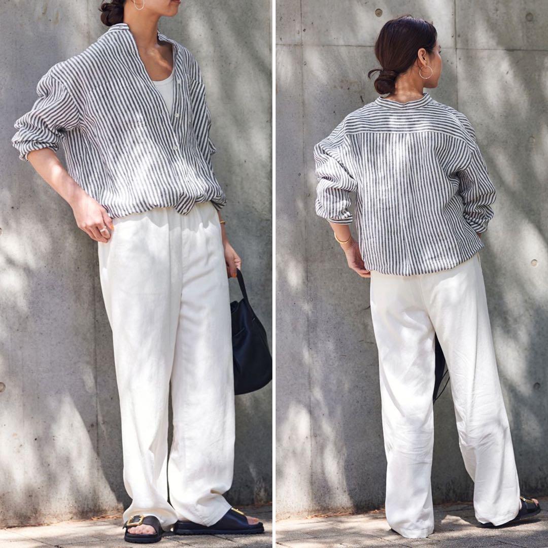 美品✨フレームワーク✨人気　フレンチリネンドロストシャツ　バンドカラー　羽織り