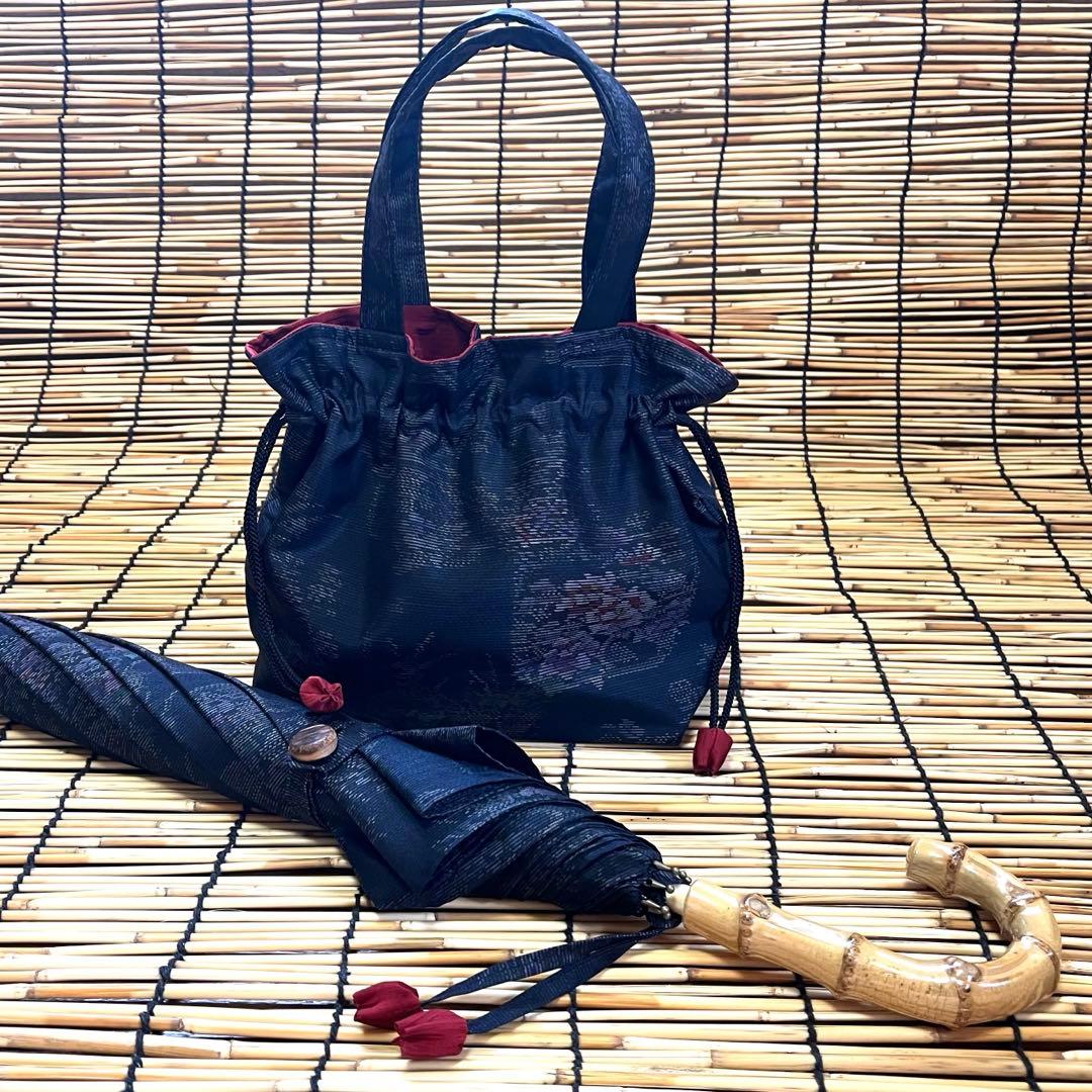 大島紬リメイク＊手作りおしゃれ日傘とお揃い巾着トート＊濃紺 花柄