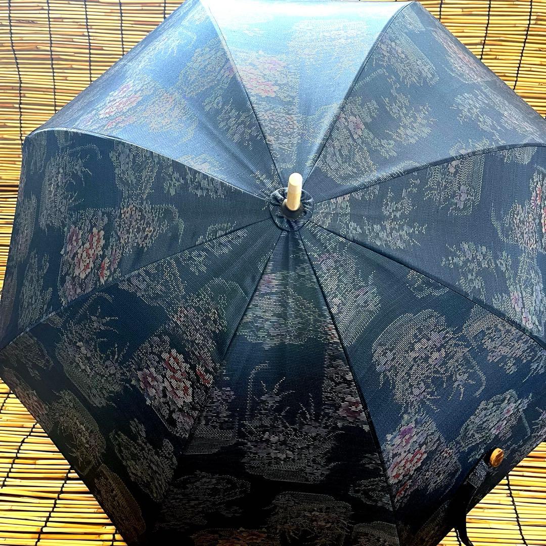 大島紬リメイク＊手作りおしゃれ日傘とお揃い巾着トート＊濃紺 花柄