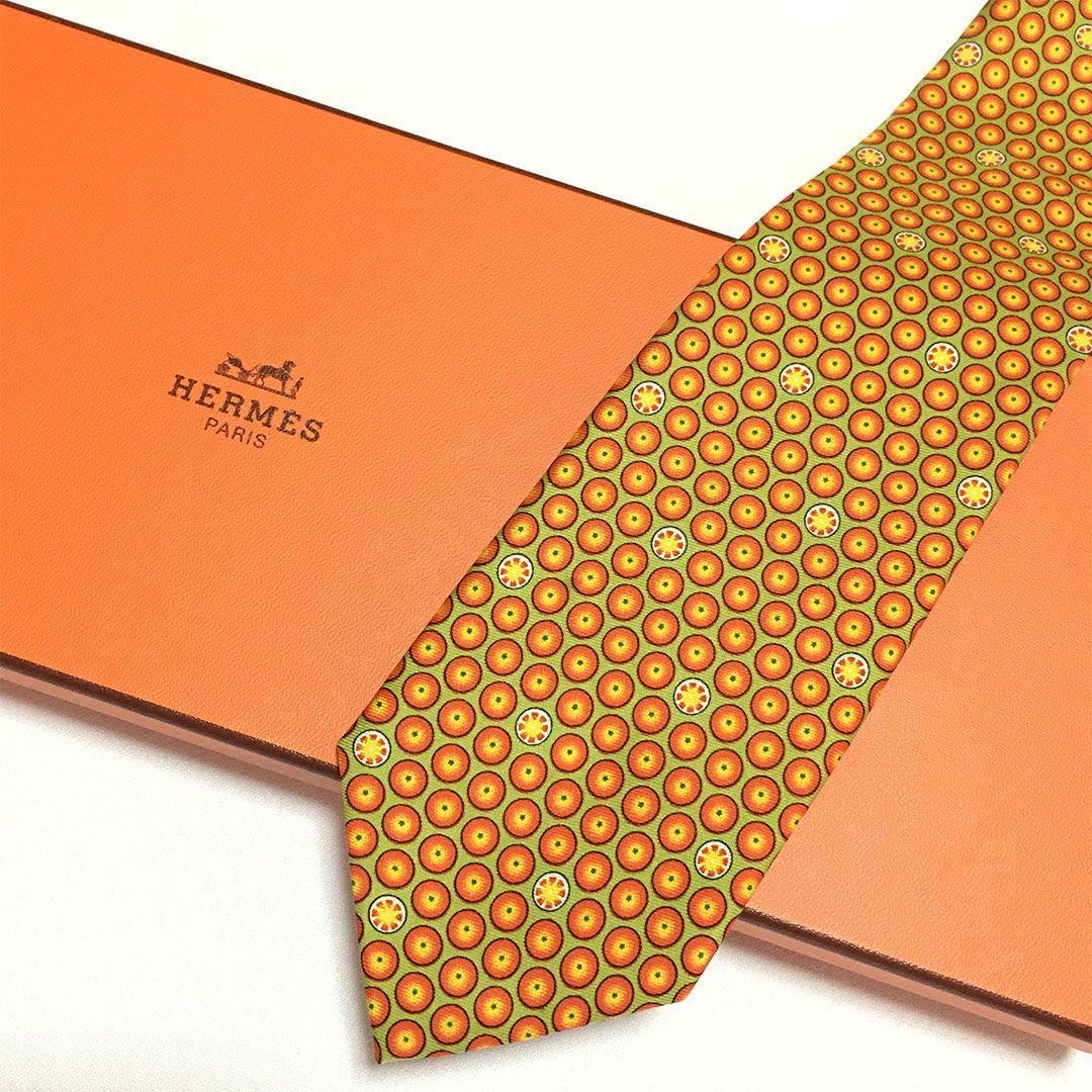 未使用級 エルメス HERMES ネクタイ シルク オレンジ グリーン 総柄