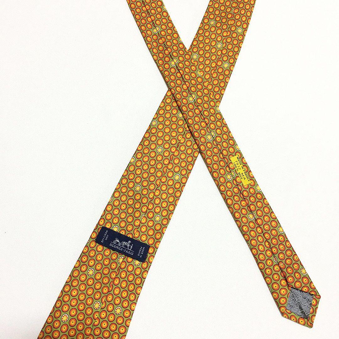 未使用級 エルメス HERMES ネクタイ シルク オレンジ グリーン 総柄