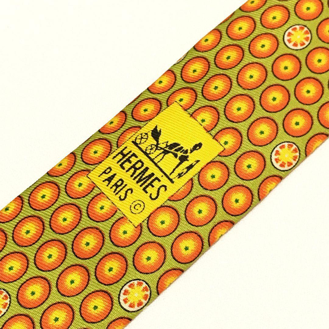 未使用級 エルメス HERMES ネクタイ シルク オレンジ グリーン 総柄