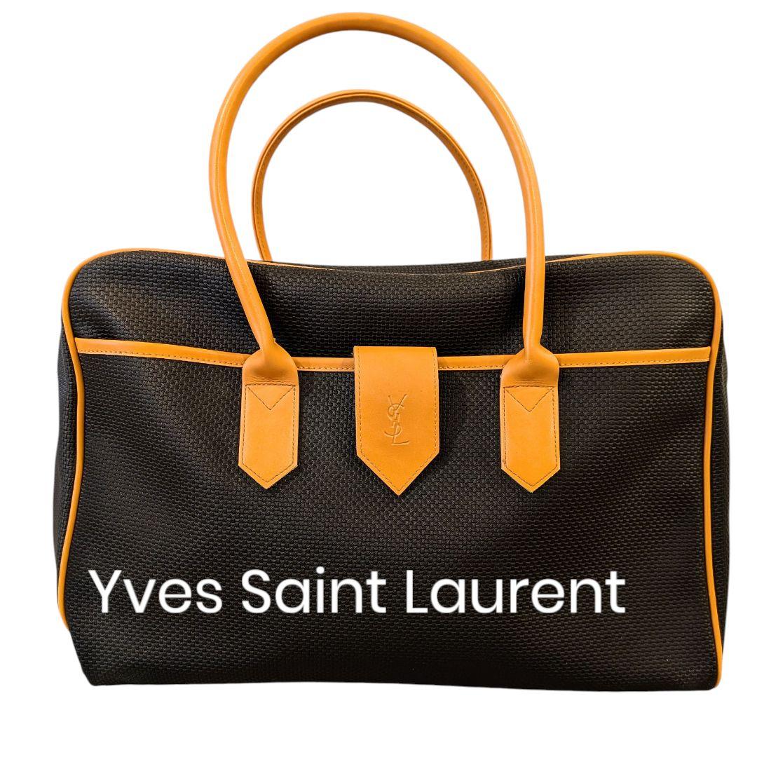 美品✨️イヴサンローラン ボストンバッグ 黒＆キャメル レザーハンドル　大容量