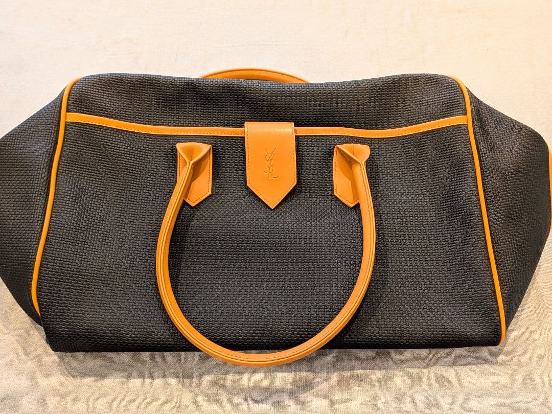 美品✨️イヴサンローラン ボストンバッグ 黒＆キャメル レザーハンドル　大容量