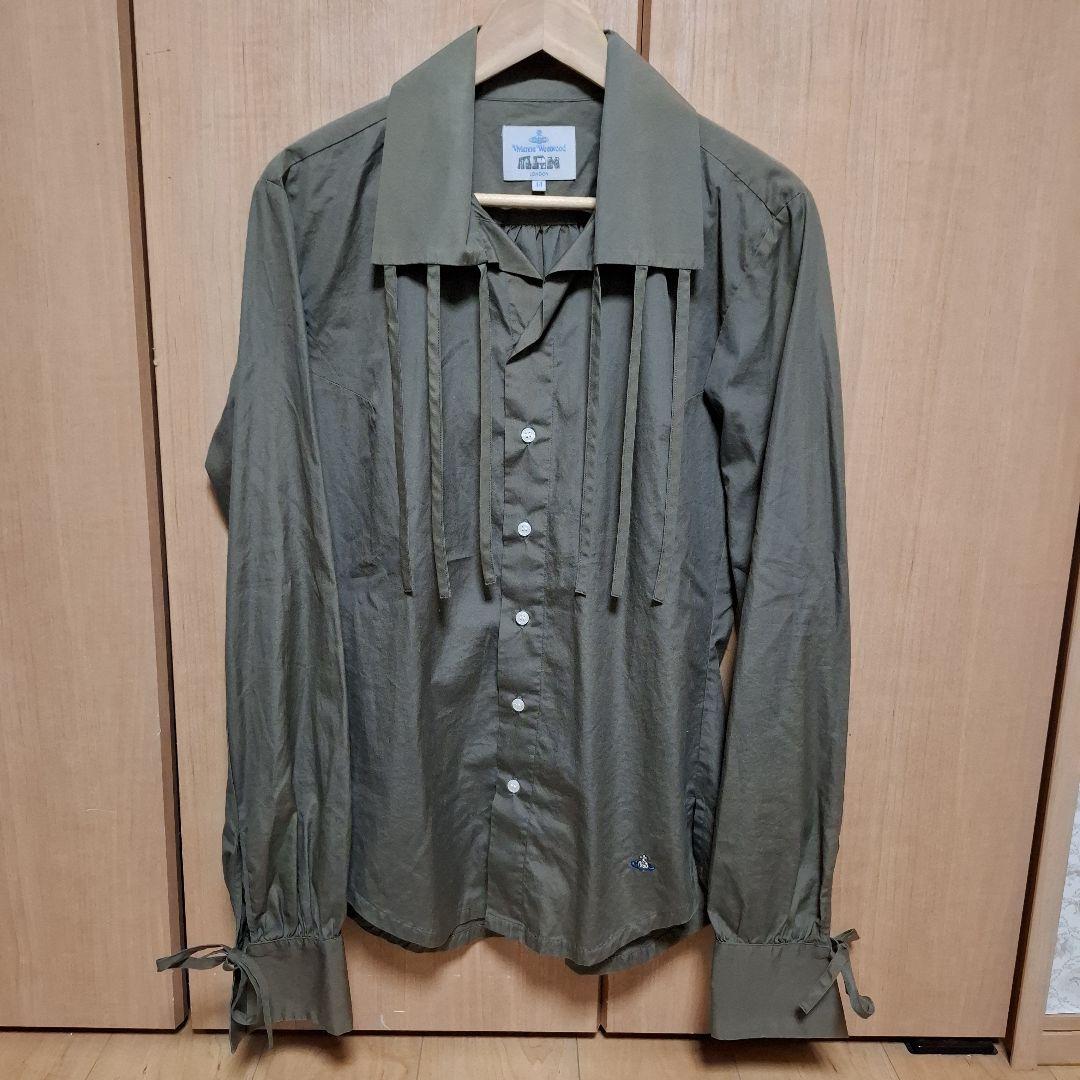 ヴィヴィアンウエストウッドマン　リボン　長袖シャツ　グリーン　44　フリルシャツ