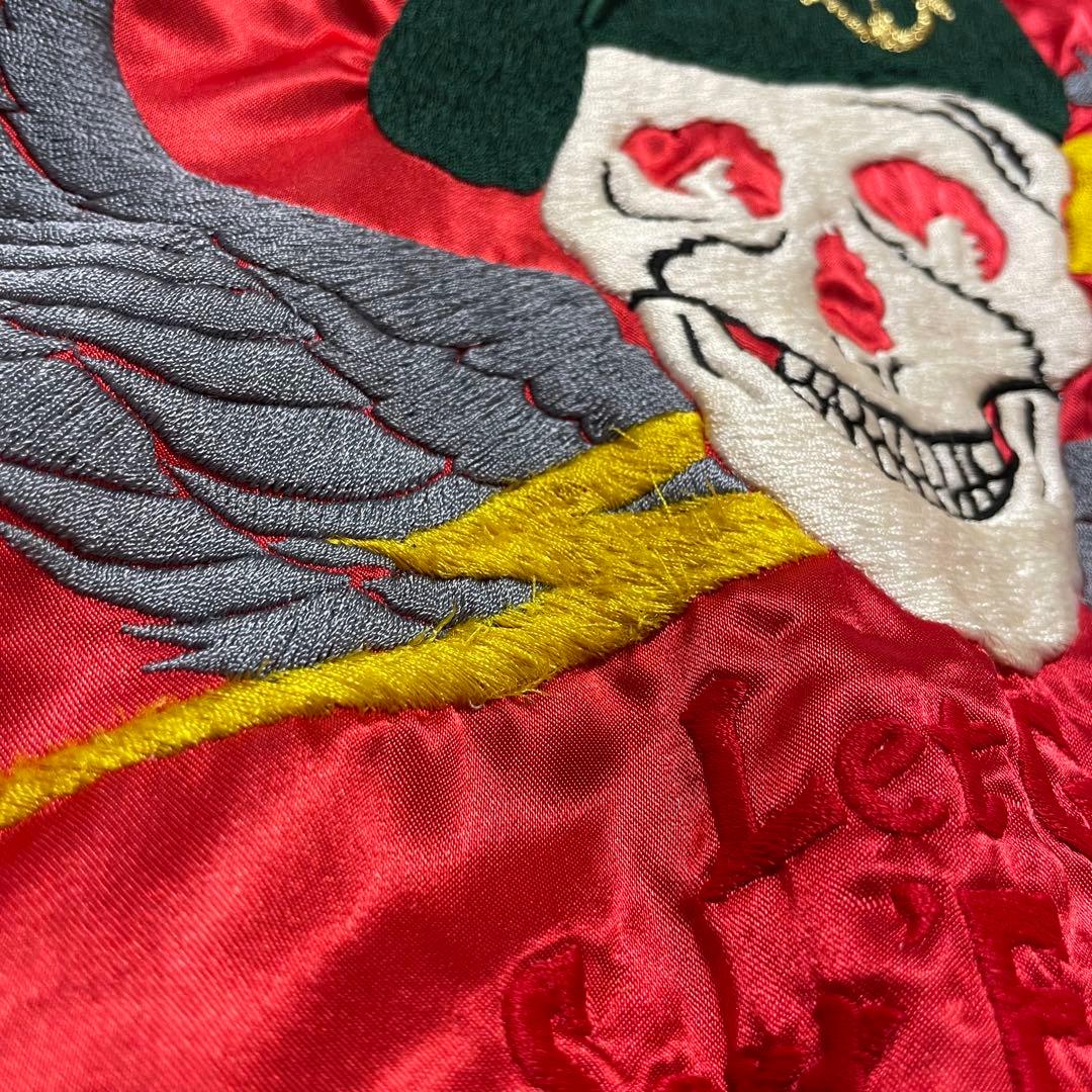 プリンス商会　スカジャン グリーンベレー　スカル刺繍　ドクロ　L 赤　サテン