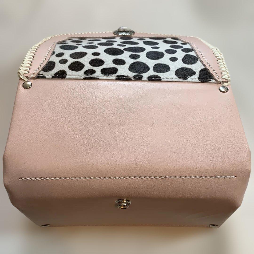 レザークラフト牛革ベビーピンクダルメシアン柄ハラコアコーディオン長財布牛レース編