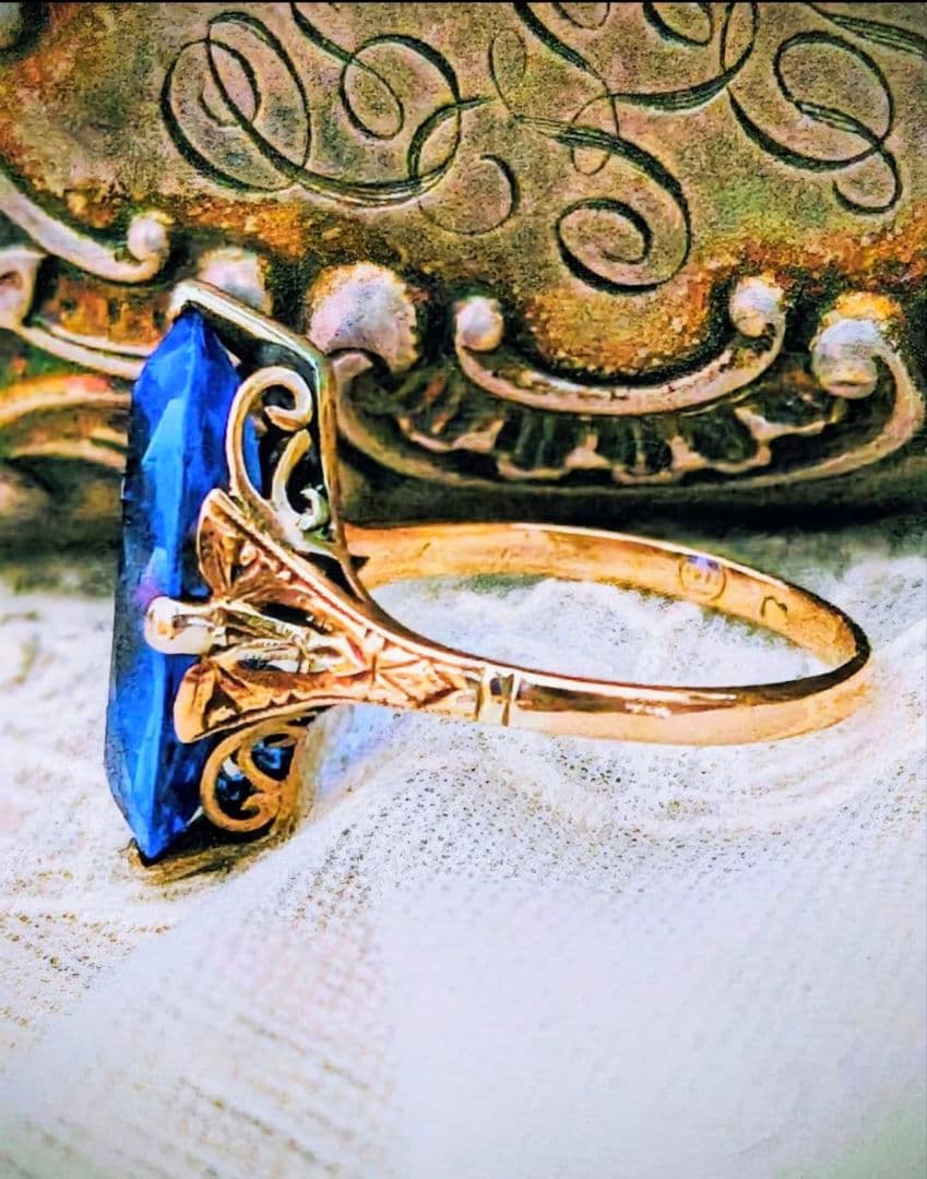 希少✨️戦前✧*。K18 合成サファイア ２色金 昭和ヴィンテージリング 6号