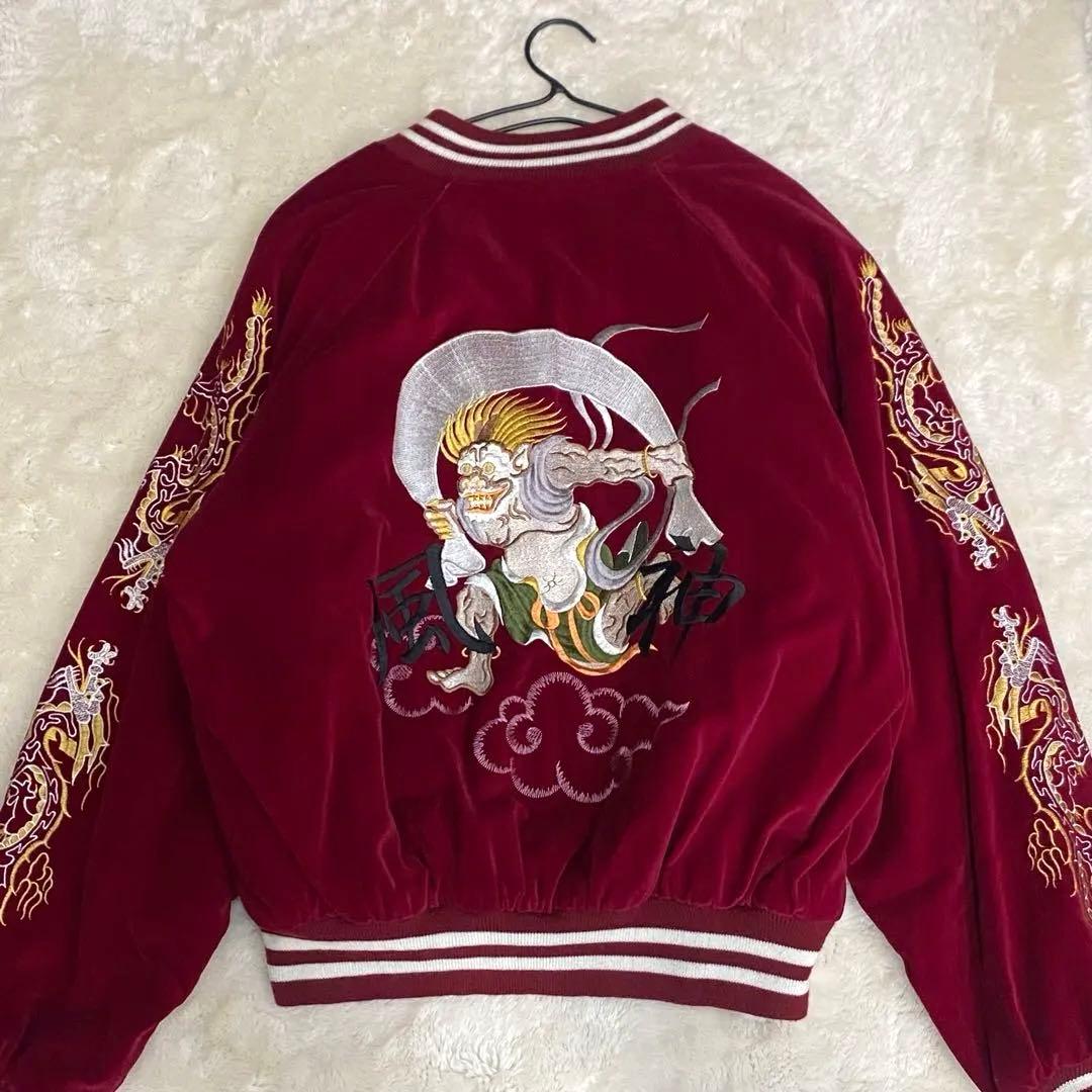 【美品】ジャングルストーム 別珍 ベロア スカジャン 風神 刺繍 L