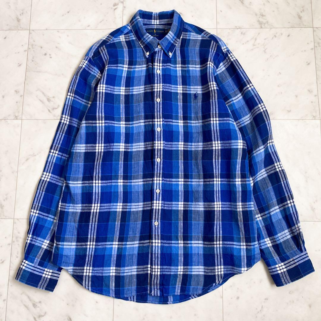 美品✨ラルフローレン　チェック柄リネン100%BD長袖シャツ　麻　ブルー　XL