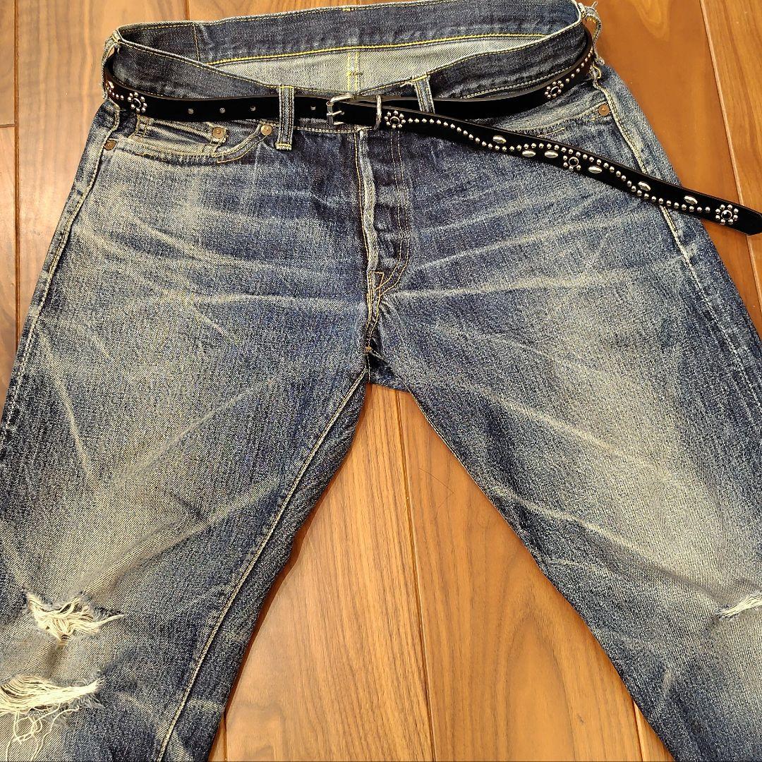 アイ青■本革レザーフルスタッズナローベルト☆アメカジ古着ヴィンテージキムタク