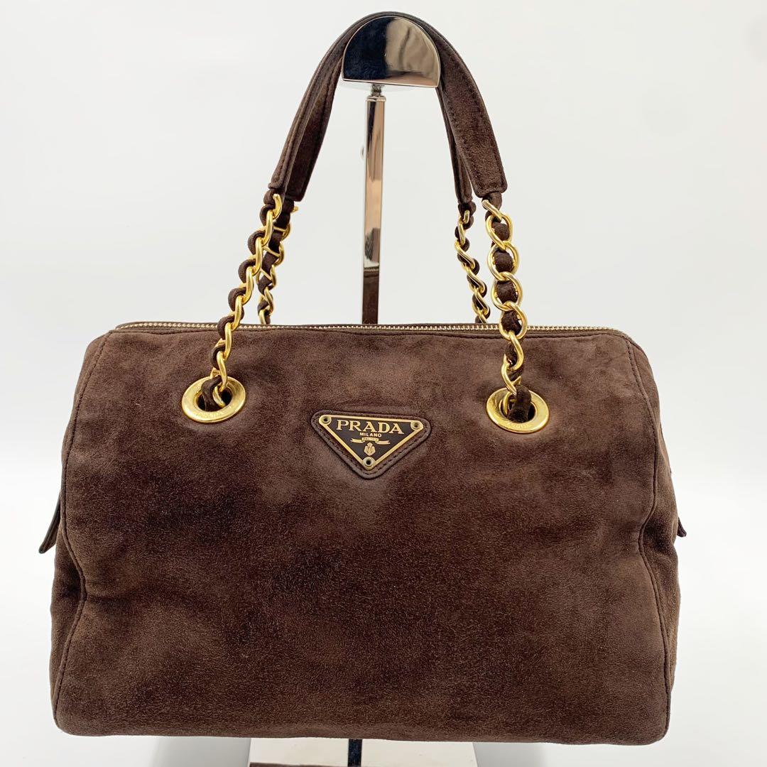 【✨極美品✨】プラダ ミニボストンバッグ 三角ロゴ スウェード ブラウン