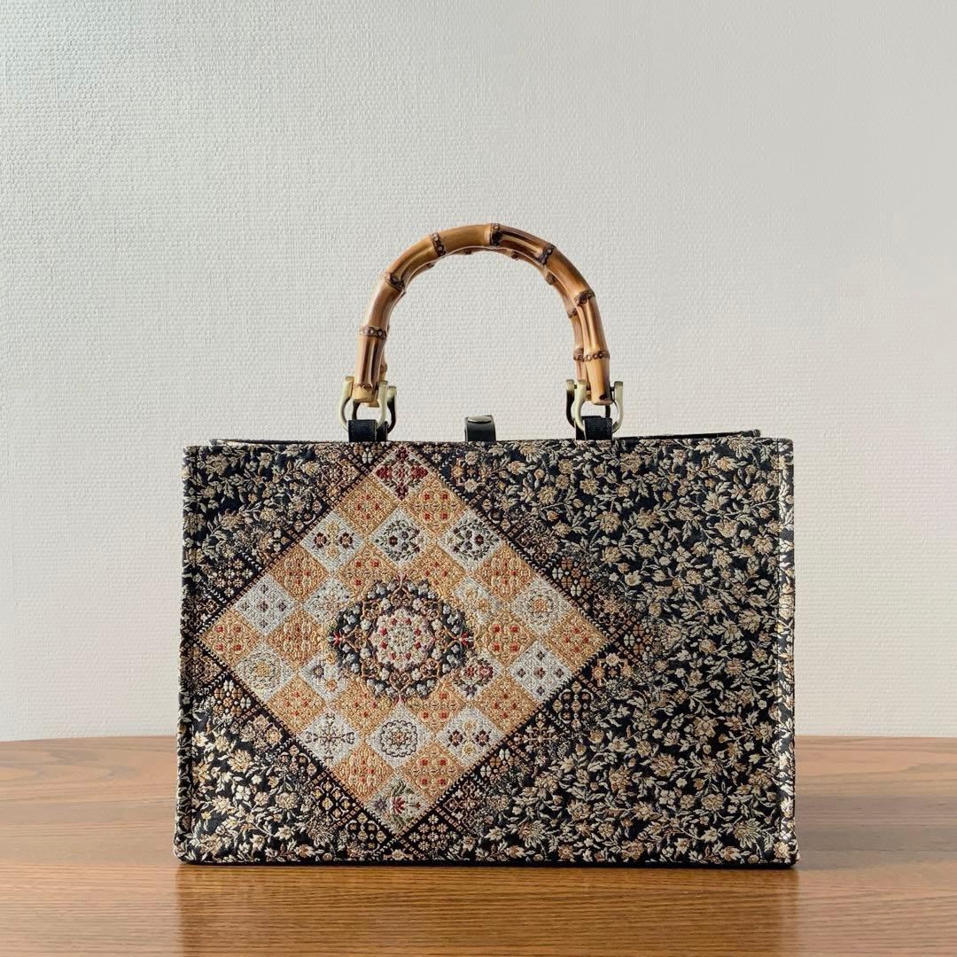 きらめく菱花文の帯　リメイク　バンブーハンドルバッグ　浅型マチ広め