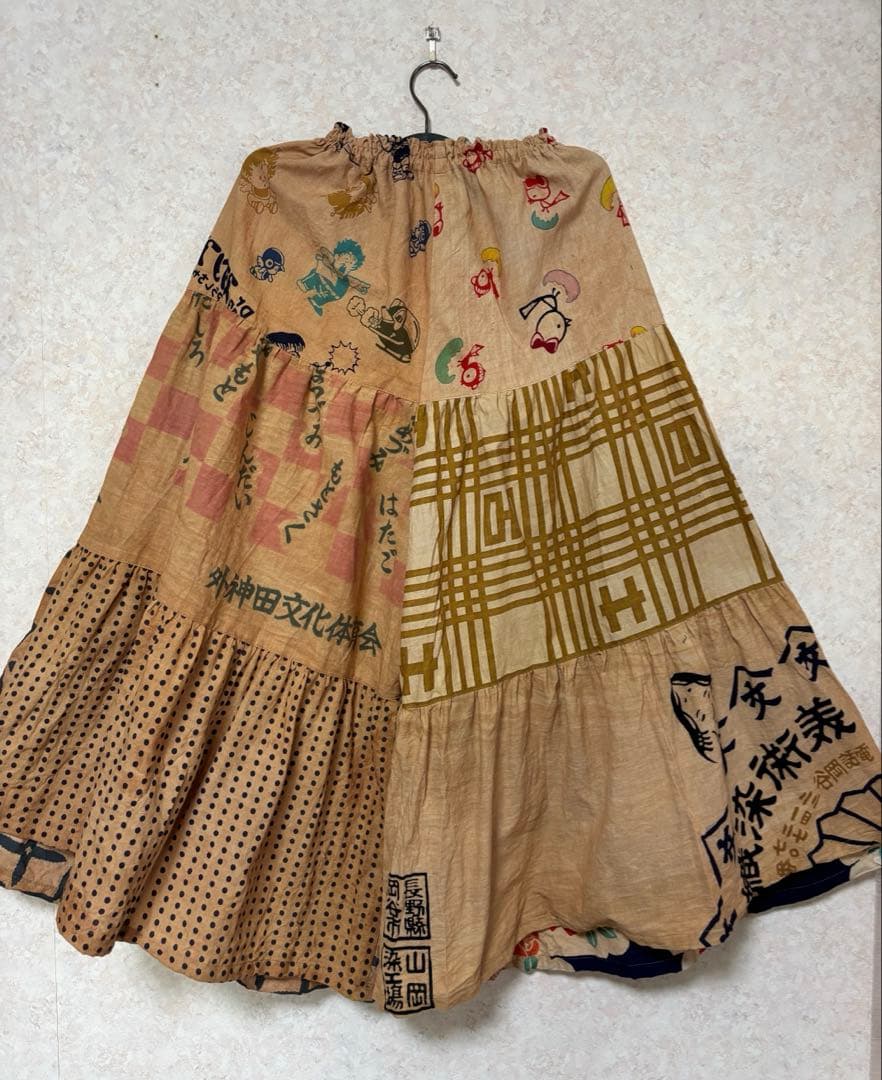 柿渋染め手ぬぐいの3段ティアードパンツ　浴衣リメイク　ゾウ　おかめ　祭り半纏