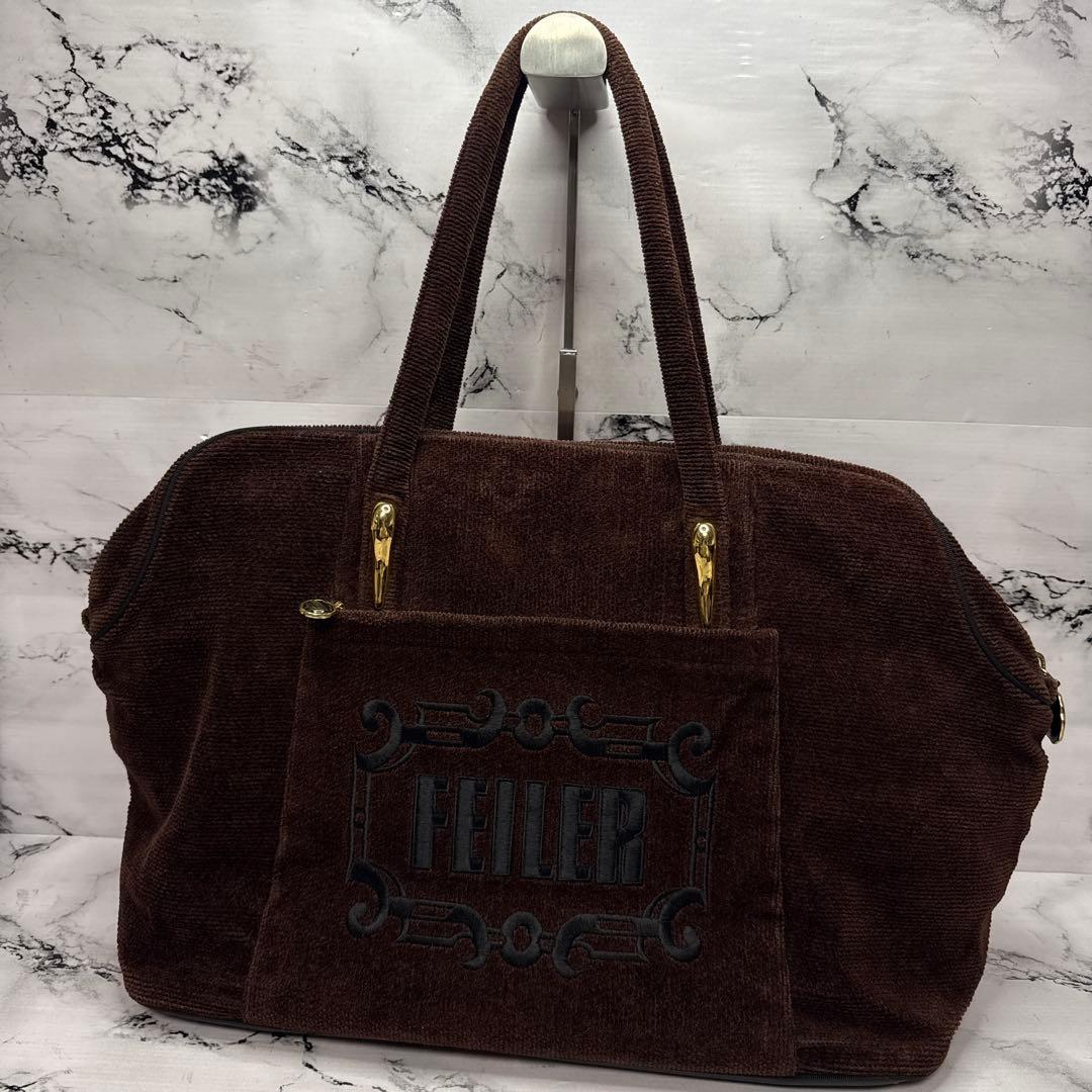 (美品)大人気、フェイラー、ボストンバッグ、大容量、シェニール織、人気色、茶、金