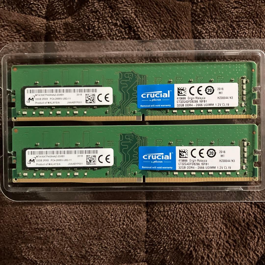Crucial 32GB×2 DDR4 2666MHz UDIMMメモリ