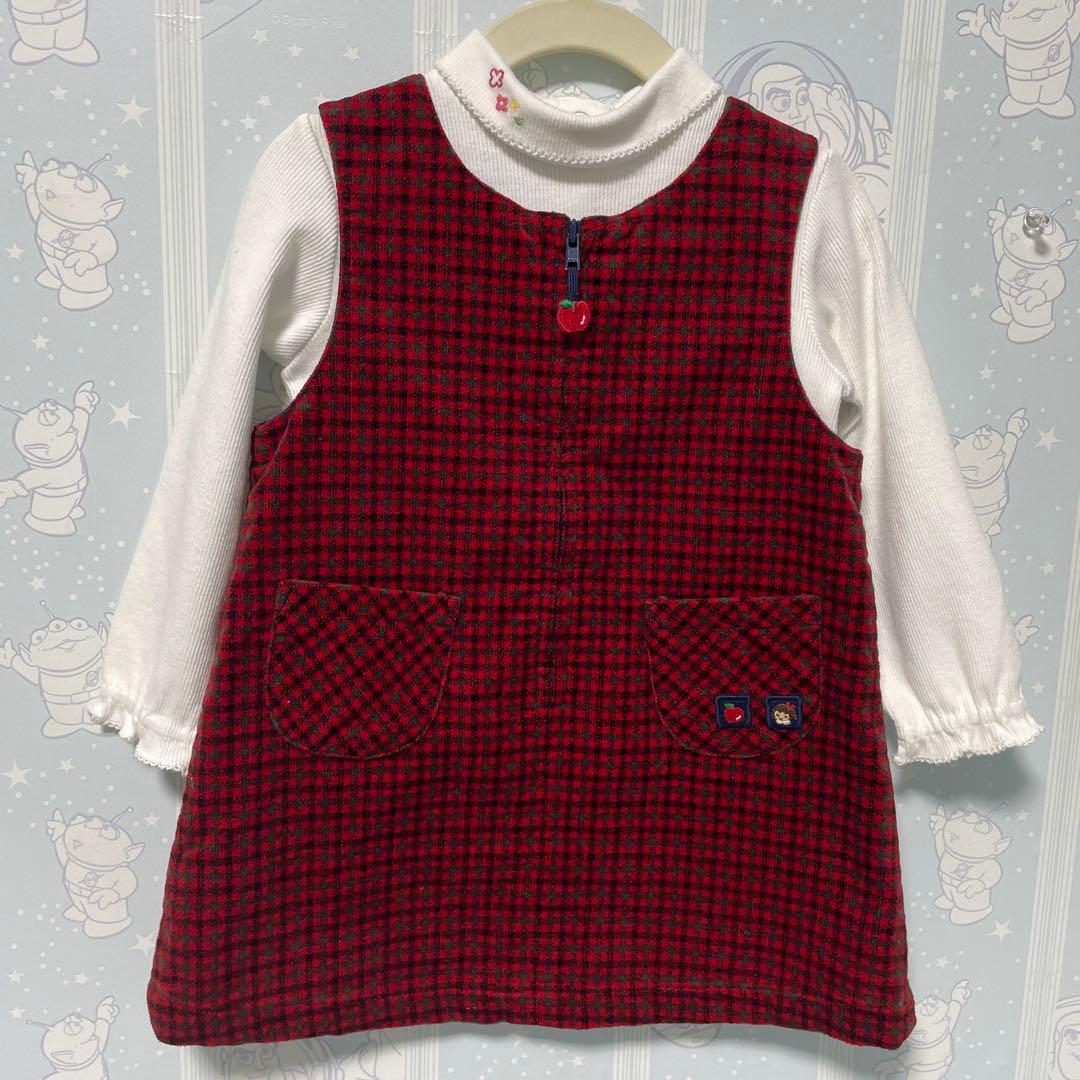 美品familiarファミリア♡ジャンバースカート＆綿タートルブラウスSET90